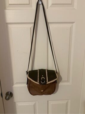 Brown & cream Crossbody Saddle Bag with Shearling Trim